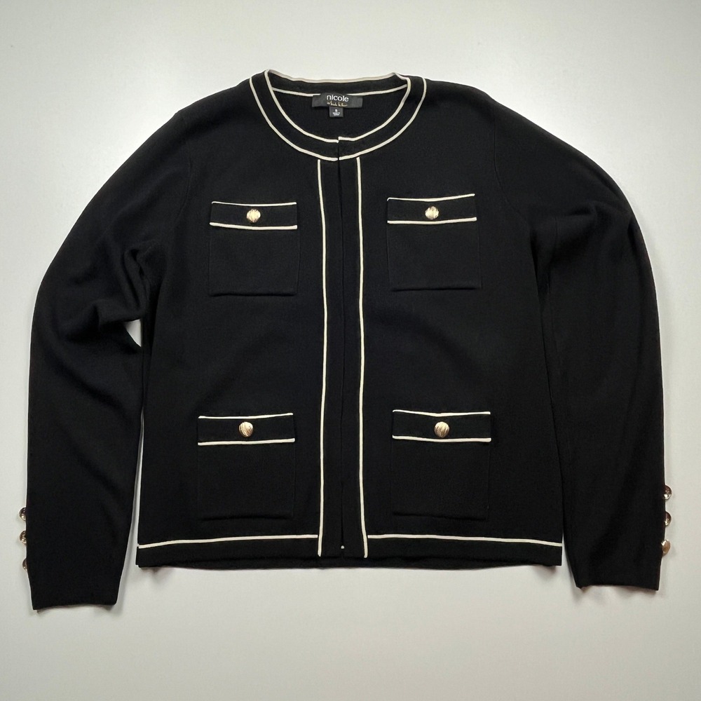Nicole Miller Knit Cardigan Jacket Size S Black White Contrast Chic Gold Button